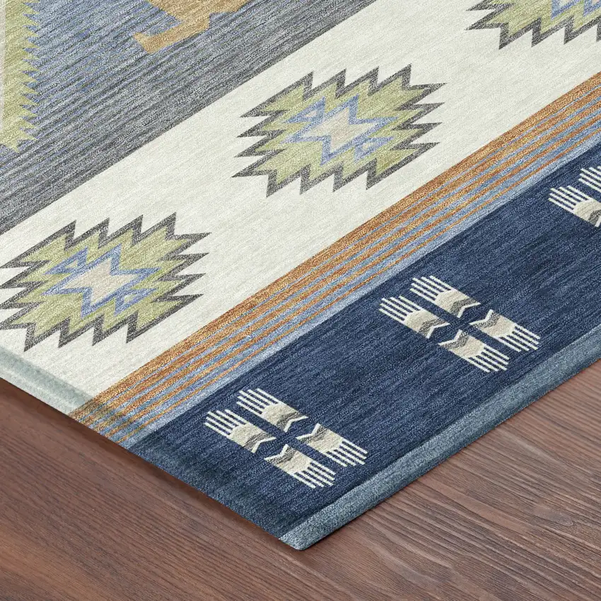 Navy Blue And Green Southwestern Washable Indoor Outdoor Area Rug Photo 8