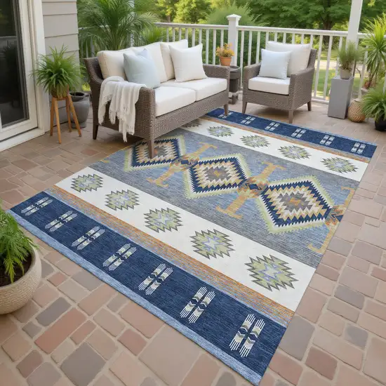 Navy Blue And Green Southwestern Washable Indoor Outdoor Area Rug Photo 4