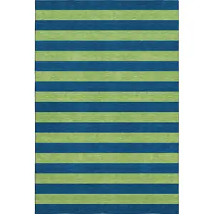Photo of Navy Blue And Green Striped Washable Area Rug With UV Protection