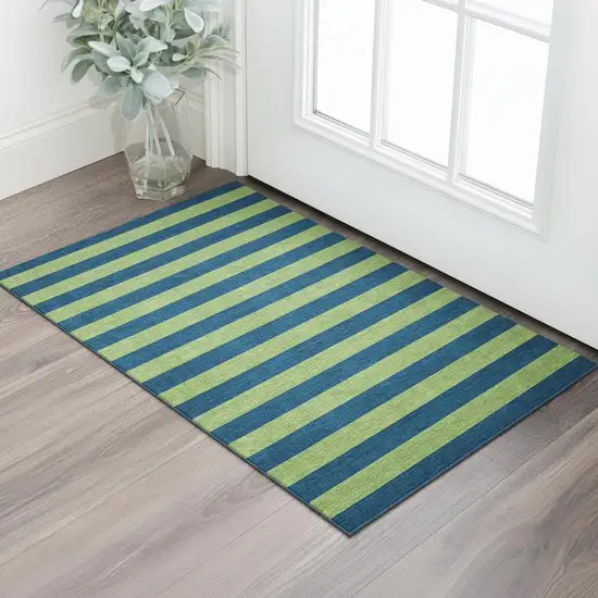Navy Blue And Green Striped Washable Area Rug With UV Protection Photo 1