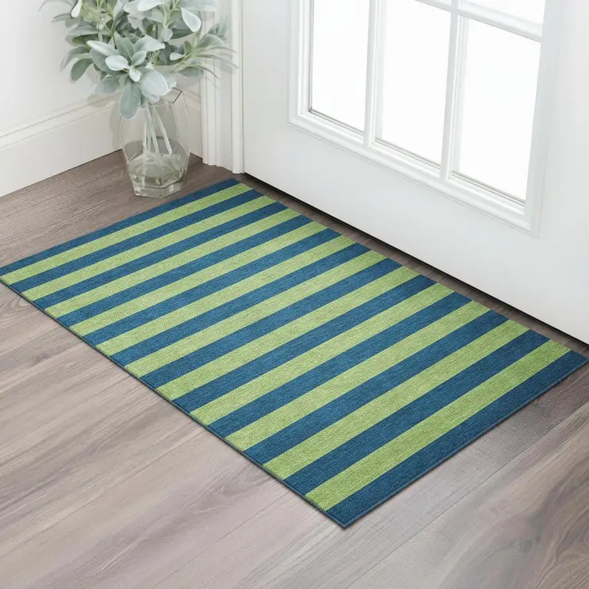 Navy Blue And Green Striped Washable Area Rug With UV Protection Photo 1