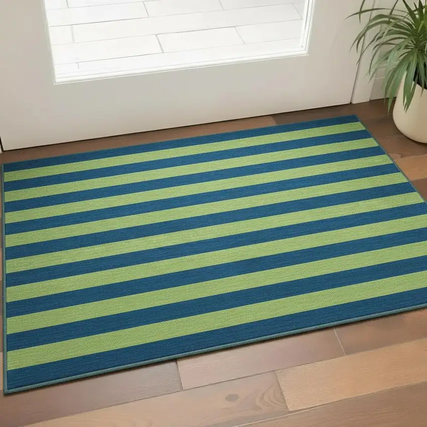 Navy Blue And Green Striped Washable Area Rug With UV Protection Photo 2
