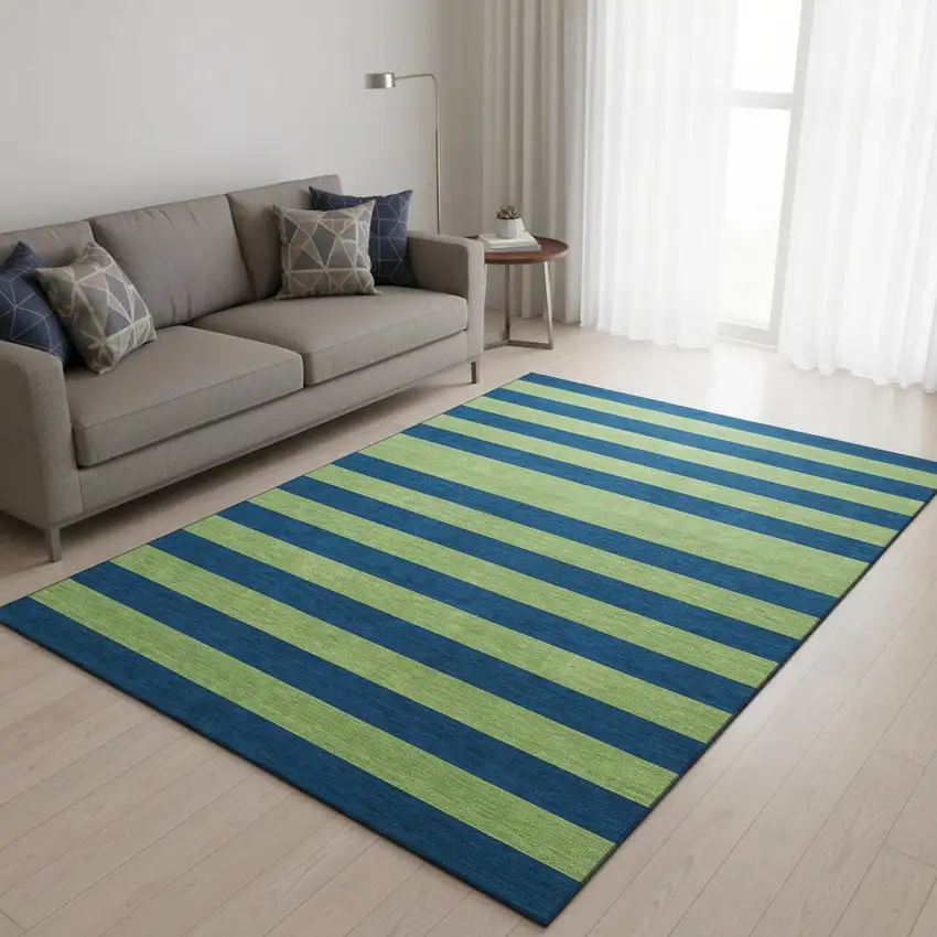 Navy Blue And Green Striped Washable Area Rug With UV Protection Photo 2