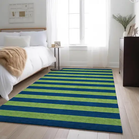 Navy Blue And Green Striped Washable Area Rug With UV Protection Photo 5