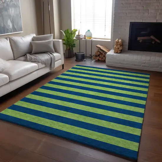 Navy Blue And Green Striped Washable Area Rug With UV Protection Photo 6
