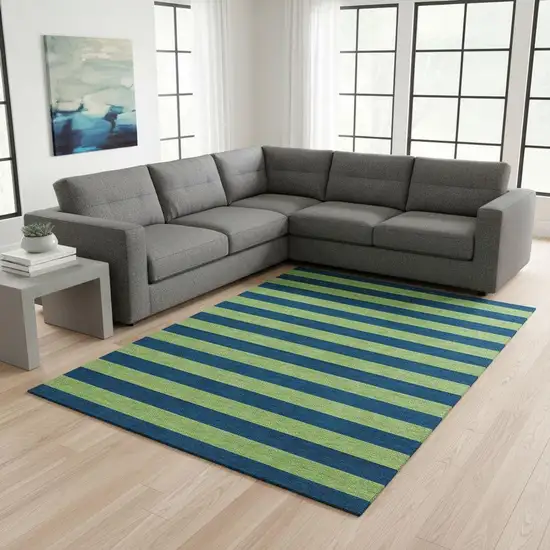Navy Blue And Green Striped Washable Area Rug With UV Protection Photo 2
