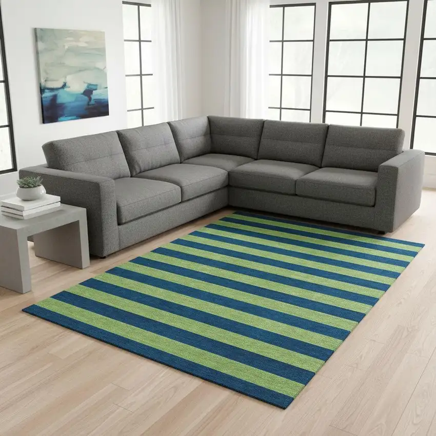 Navy Blue And Green Striped Washable Area Rug With UV Protection Photo 2