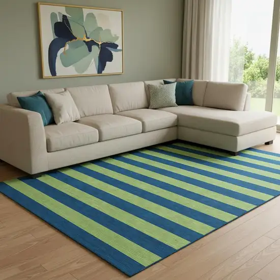 Navy Blue And Green Striped Washable Area Rug With UV Protection Photo 1