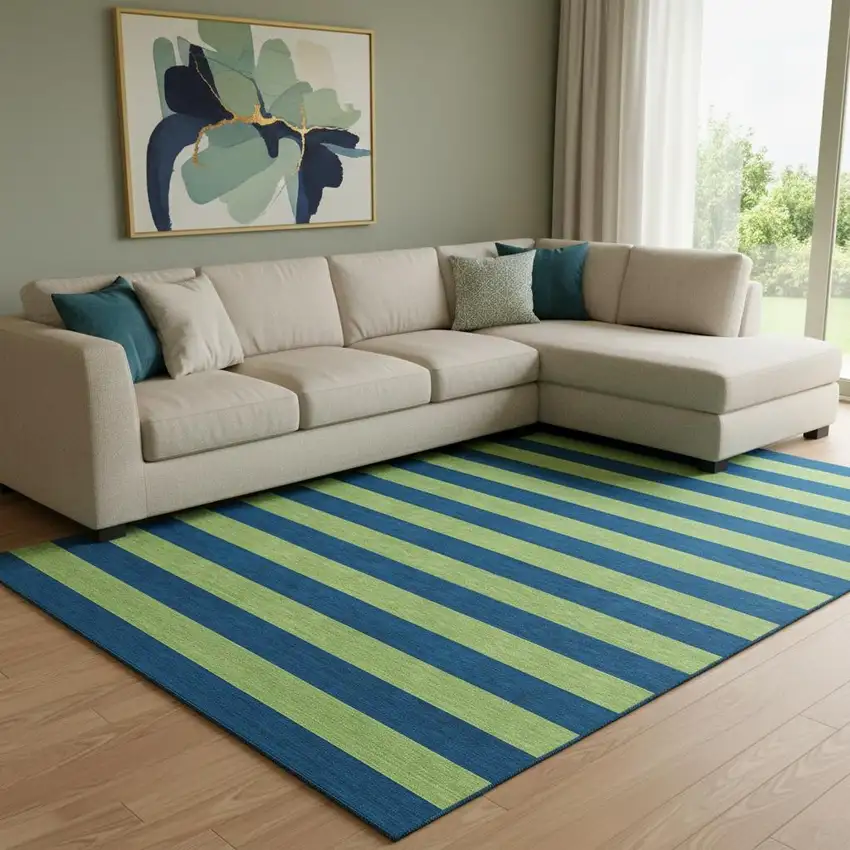 Navy Blue And Green Striped Washable Area Rug With UV Protection Photo 1