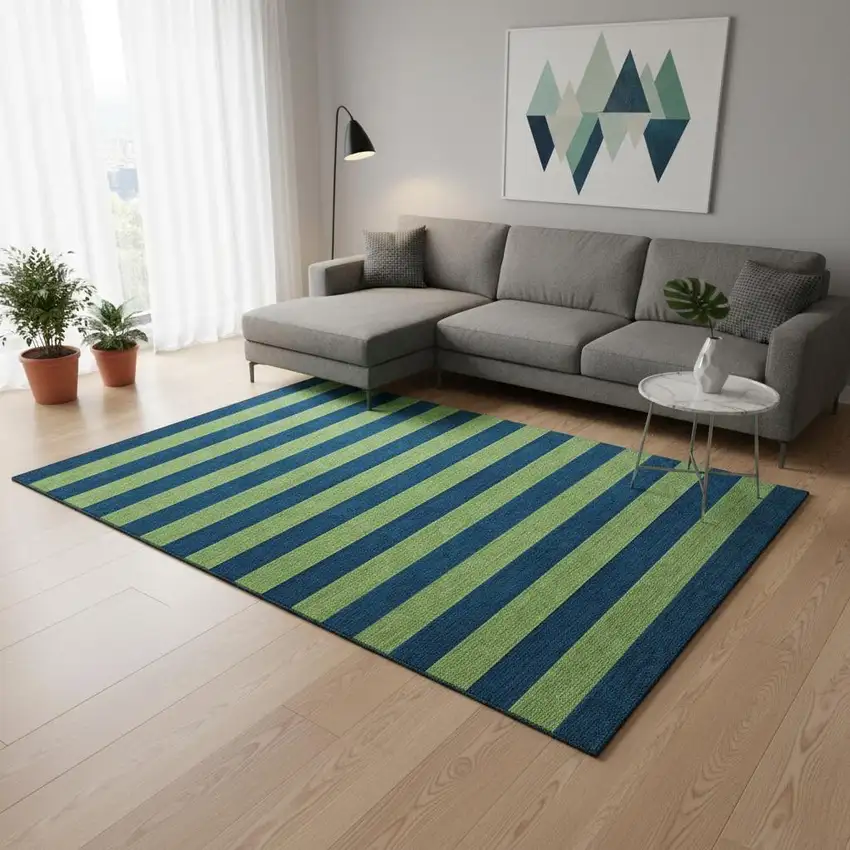 Navy Blue And Green Striped Washable Area Rug With UV Protection Photo 2