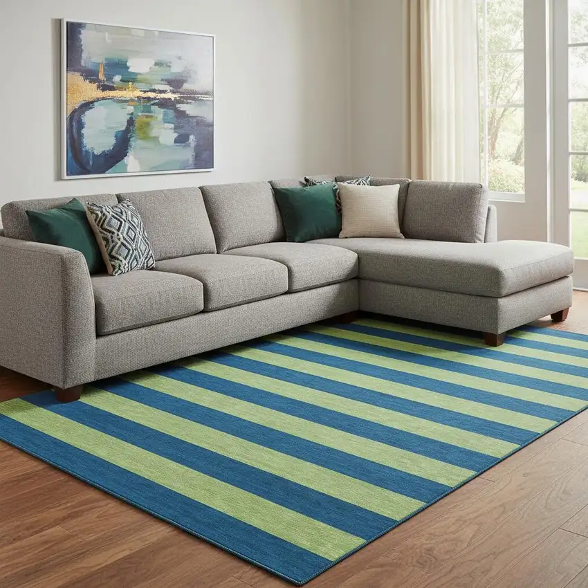 Navy Blue And Green Striped Washable Area Rug With UV Protection Photo 1