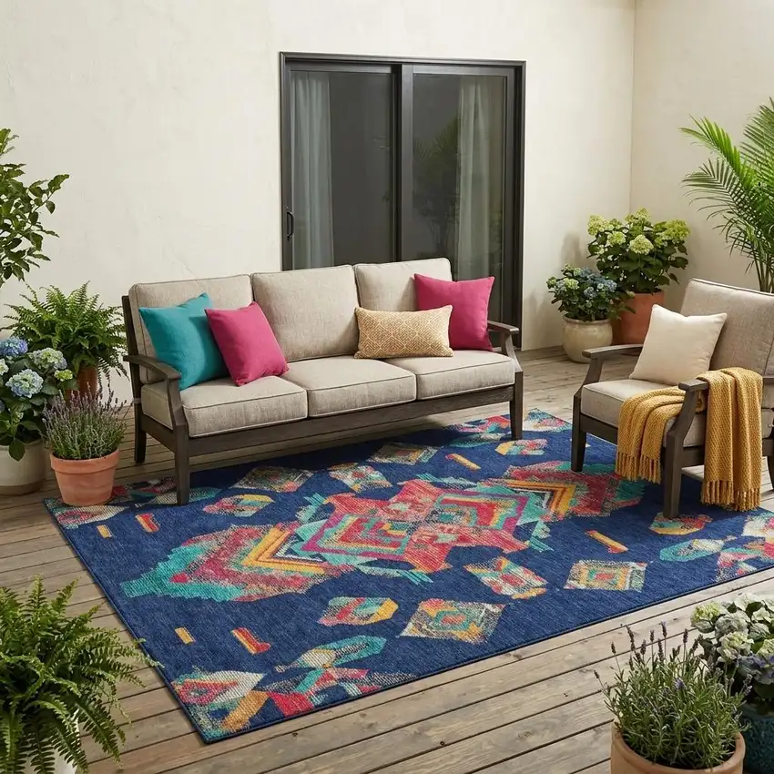 Navy Blue And Green Tribal Washable Indoor Outdoor Area Rug Photo 1