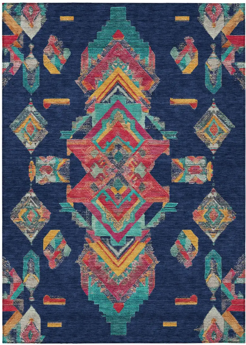 Navy Blue And Green Tribal Washable Indoor Outdoor Area Rug Photo 2