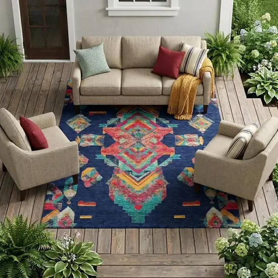 Navy Blue And Green Tribal Washable Indoor Outdoor Area Rug Photo 1