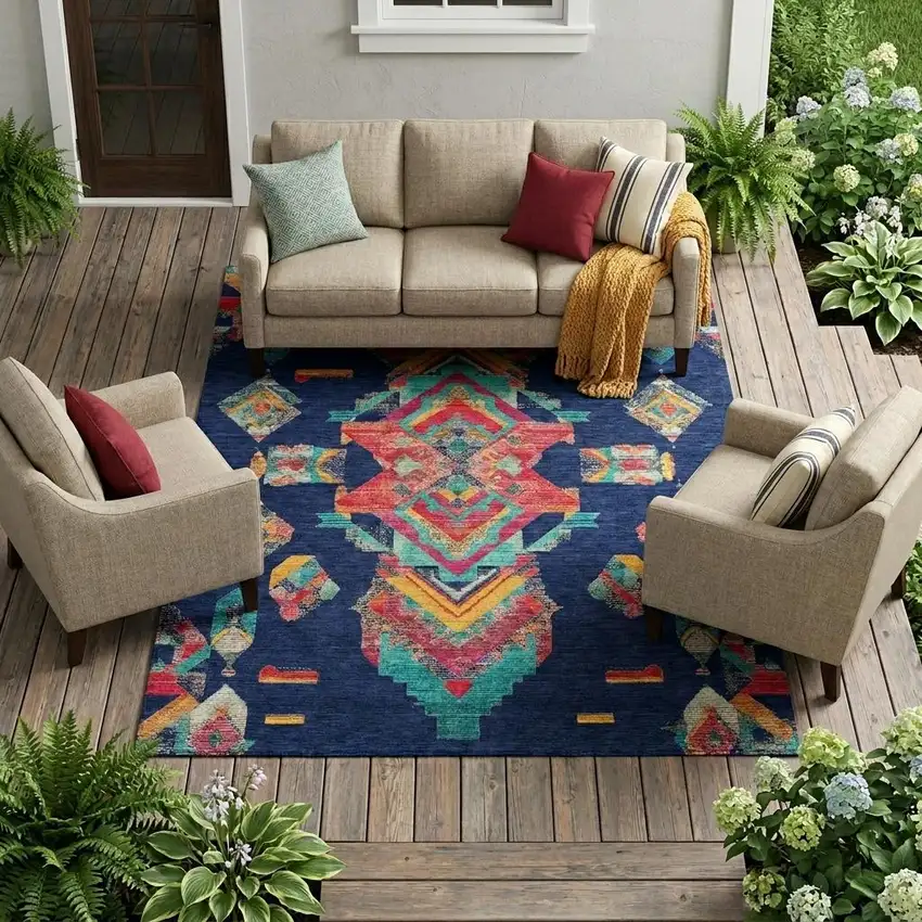 Navy Blue And Green Tribal Washable Indoor Outdoor Area Rug Photo 1