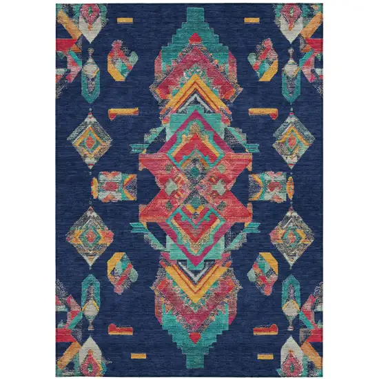 Navy Blue And Green Tribal Washable Indoor Outdoor Area Rug Photo 3