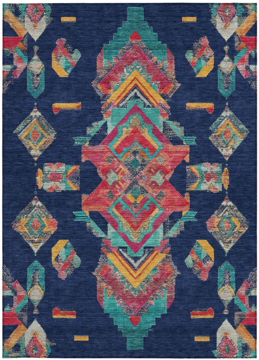 Navy Blue And Green Tribal Washable Indoor Outdoor Area Rug Photo 3