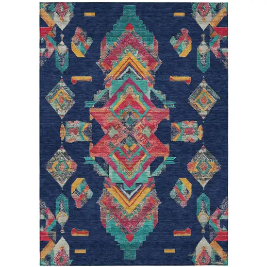 Navy Blue And Green Tribal Washable Indoor Outdoor Area Rug Photo 2