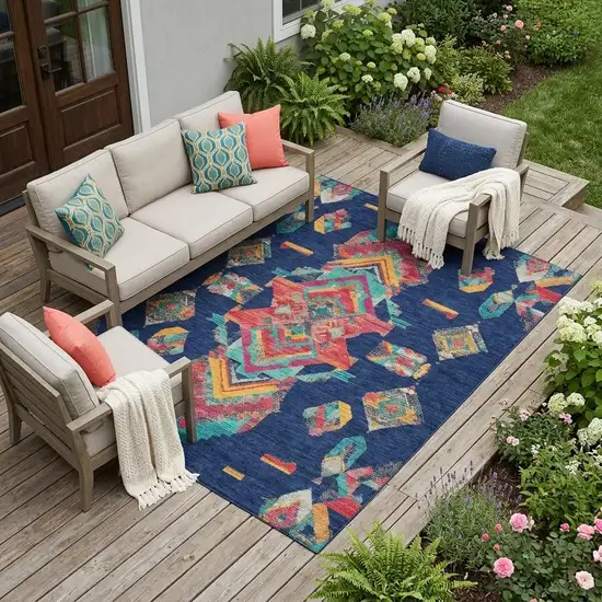 Navy Blue And Green Tribal Washable Indoor Outdoor Area Rug Photo 1