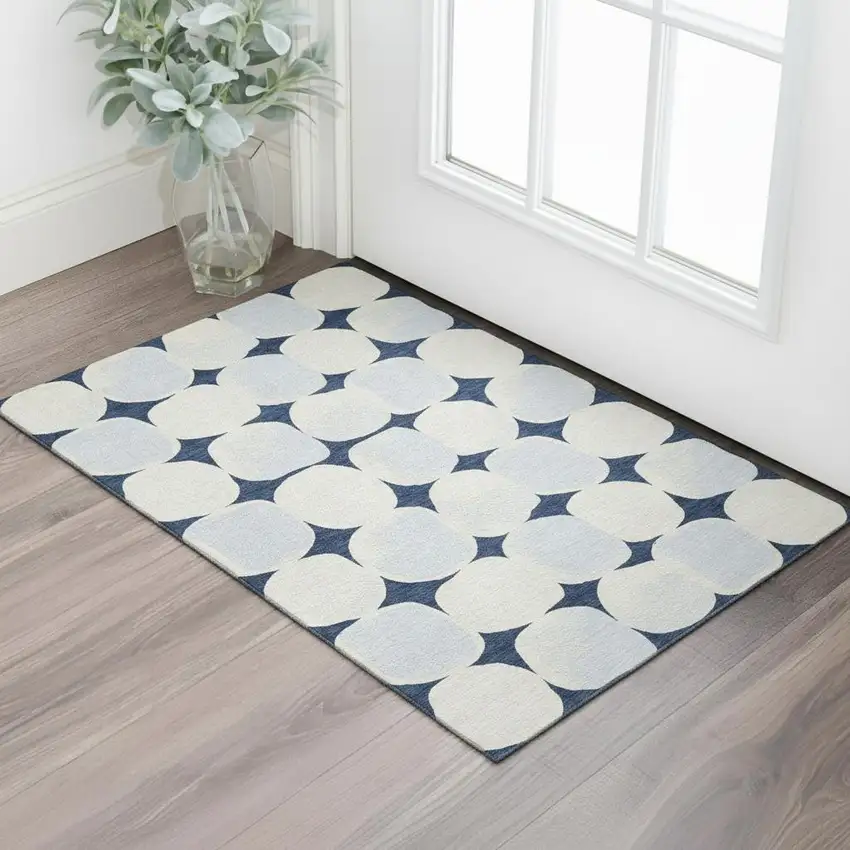 Navy Blue And Ivory Abstract Geometric Washable Area Rug With UV Protection Photo 1