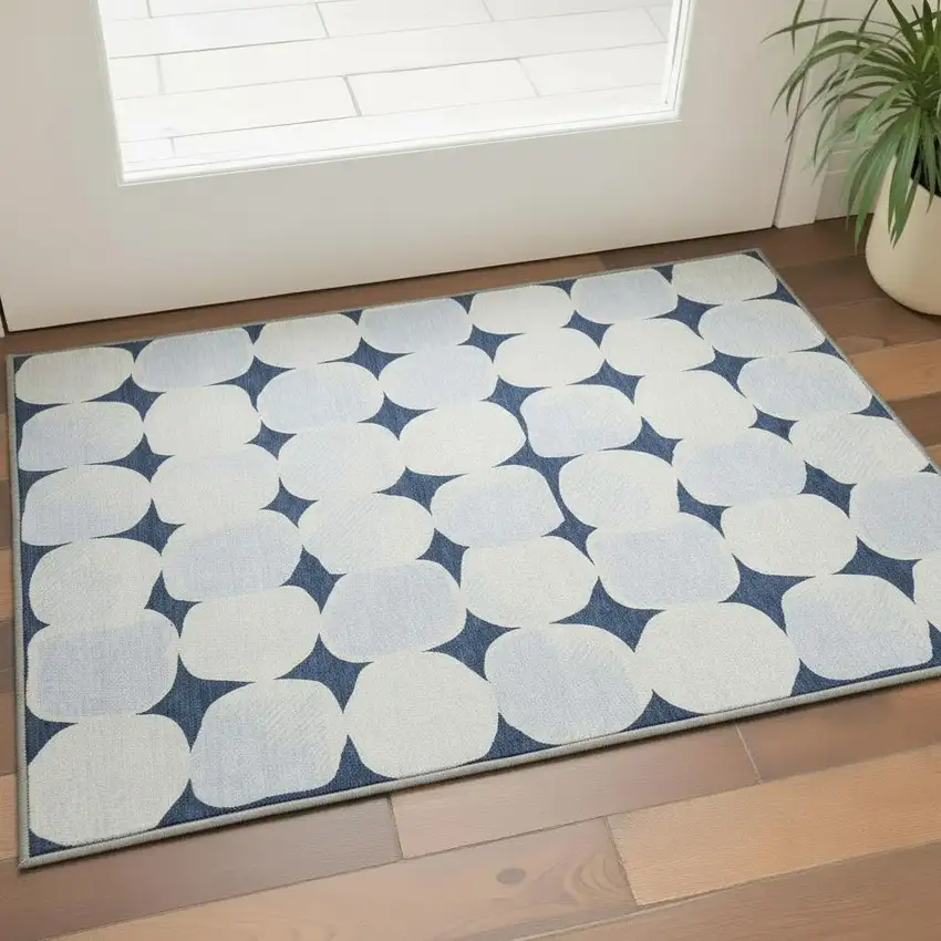 Navy Blue And Ivory Abstract Geometric Washable Area Rug With UV Protection Photo 2