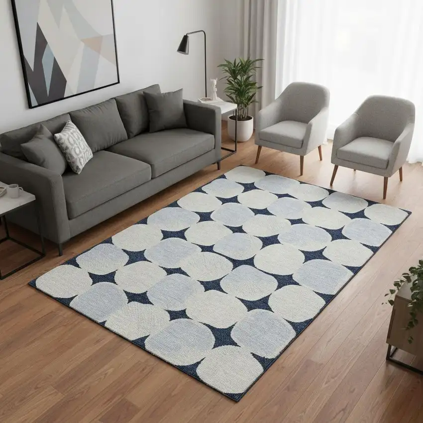 Navy Blue And Ivory Abstract Geometric Washable Area Rug With UV Protection Photo 2