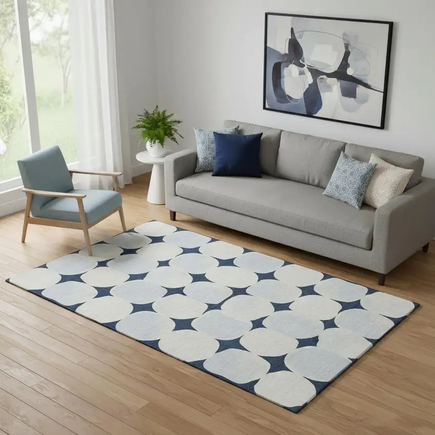 Navy Blue And Ivory Abstract Geometric Washable Area Rug With UV Protection Photo 1