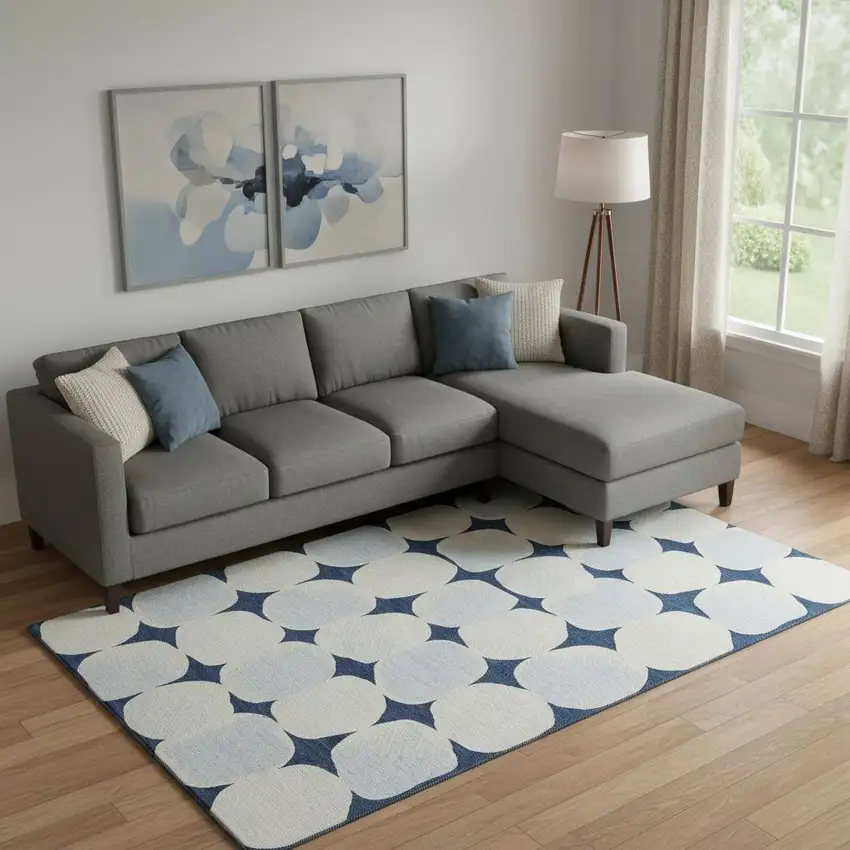 Navy Blue And Ivory Abstract Geometric Washable Area Rug With UV Protection Photo 1