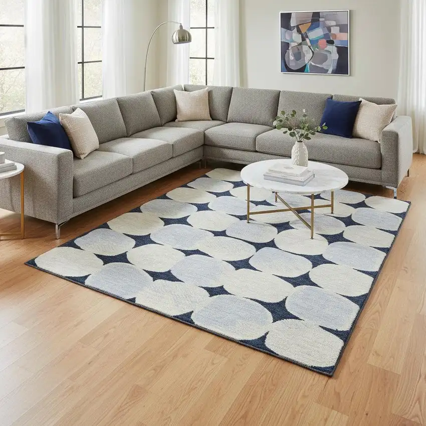 Navy Blue And Ivory Abstract Geometric Washable Area Rug With UV Protection Photo 2