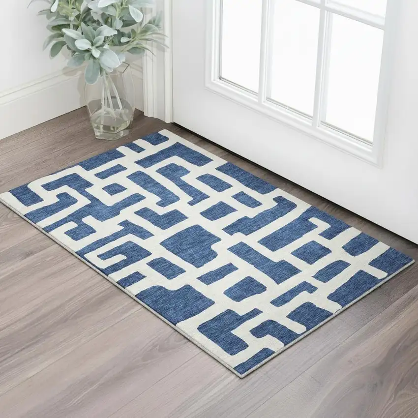 Navy Blue And Ivory Abstract Geometric Washable Area Rug With UV Protection Photo 2