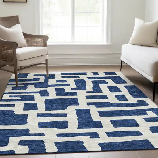 Navy Blue And Ivory Abstract Geometric Washable Area Rug With UV Protection Photo 6