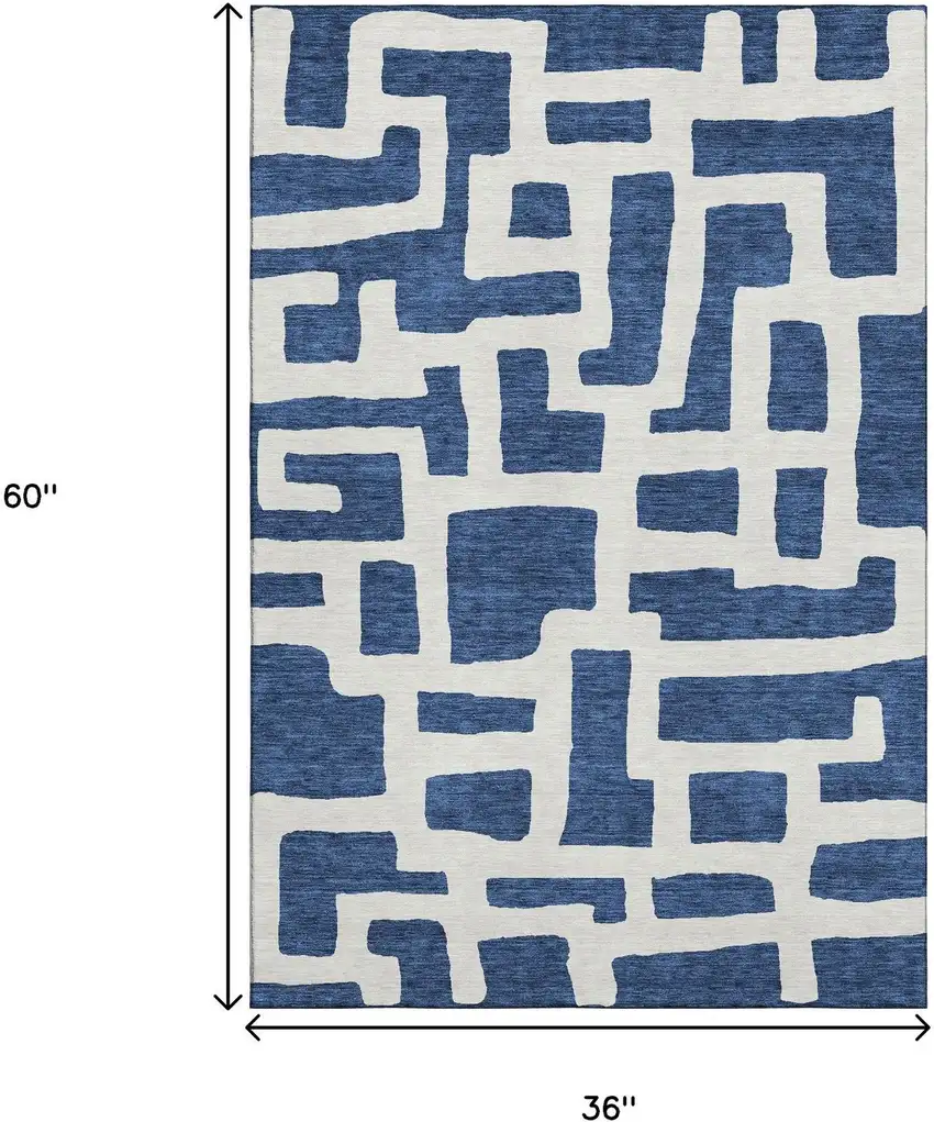 Navy Blue And Ivory Abstract Geometric Washable Area Rug With UV Protection Photo 3