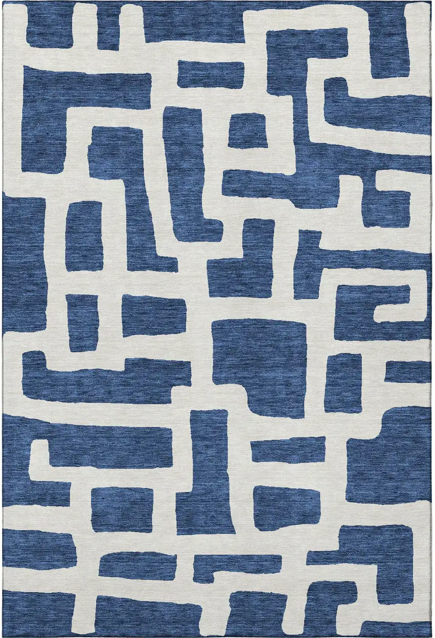 Navy Blue And Ivory Abstract Geometric Washable Area Rug With UV Protection Photo 3