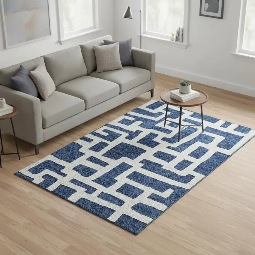 Navy Blue And Ivory Abstract Geometric Washable Area Rug With UV Protection Photo 2