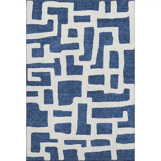Navy Blue And Ivory Abstract Geometric Washable Area Rug With UV Protection Photo 1