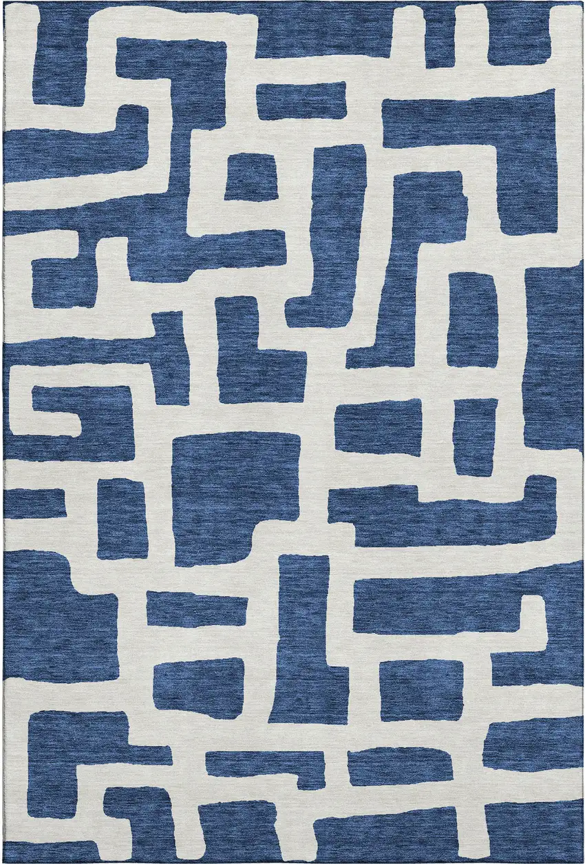 Navy Blue And Ivory Abstract Geometric Washable Area Rug With UV Protection Photo 1
