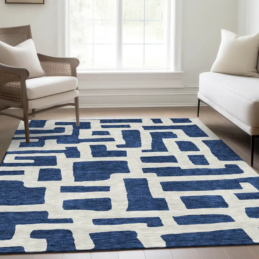 Navy Blue And Ivory Abstract Geometric Washable Area Rug With UV Protection Photo 6