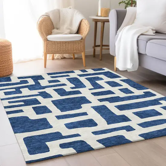 Navy Blue And Ivory Abstract Geometric Washable Area Rug With UV Protection Photo 5