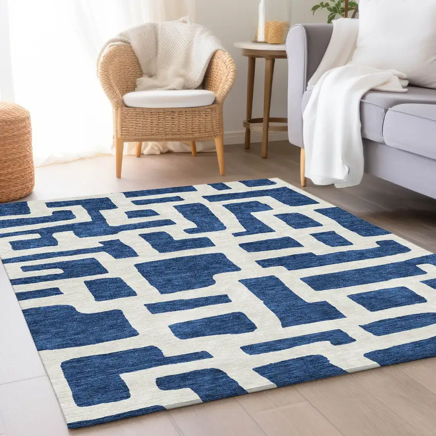 Navy Blue And Ivory Abstract Geometric Washable Area Rug With UV Protection Photo 5