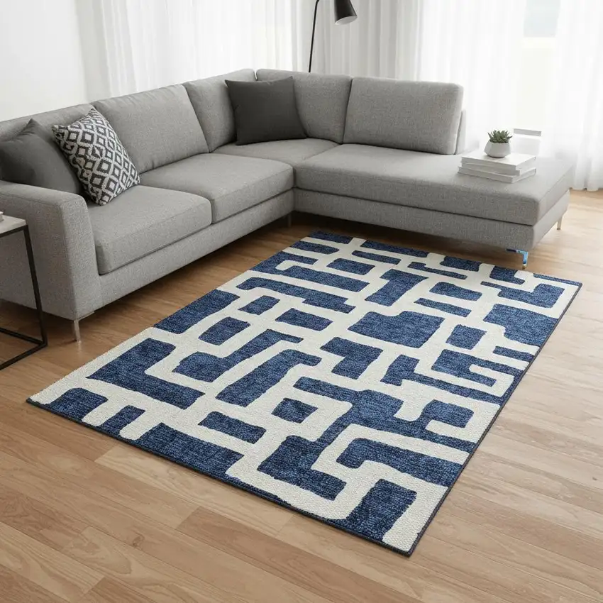 Navy Blue And Ivory Abstract Geometric Washable Area Rug With UV Protection Photo 2