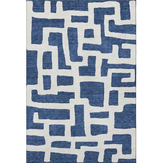 Navy Blue And Ivory Abstract Geometric Washable Area Rug With UV Protection Photo 4