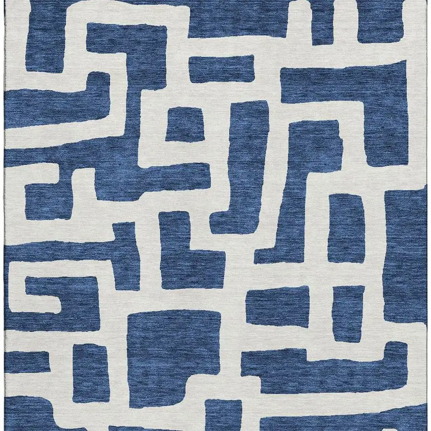 Navy Blue And Ivory Abstract Geometric Washable Area Rug With UV Protection Photo 3