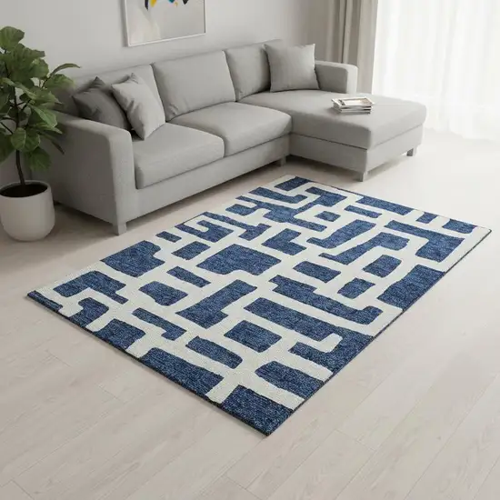 Navy Blue And Ivory Abstract Geometric Washable Area Rug With UV Protection Photo 2
