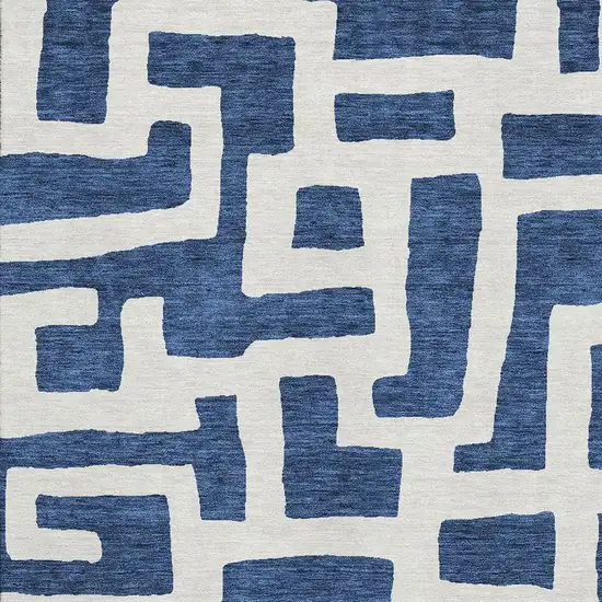 Navy Blue And Ivory Abstract Geometric Washable Area Rug With UV Protection Photo 3