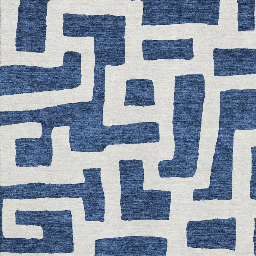Navy Blue And Ivory Abstract Geometric Washable Area Rug With UV Protection Photo 3