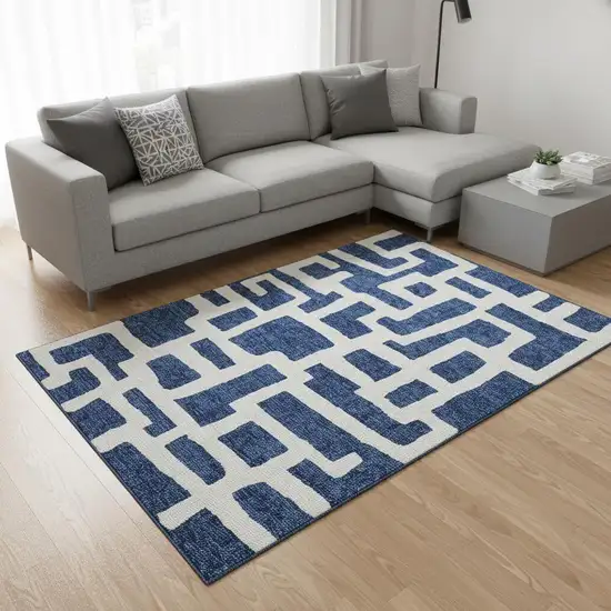Navy Blue And Ivory Abstract Geometric Washable Area Rug With UV Protection Photo 2