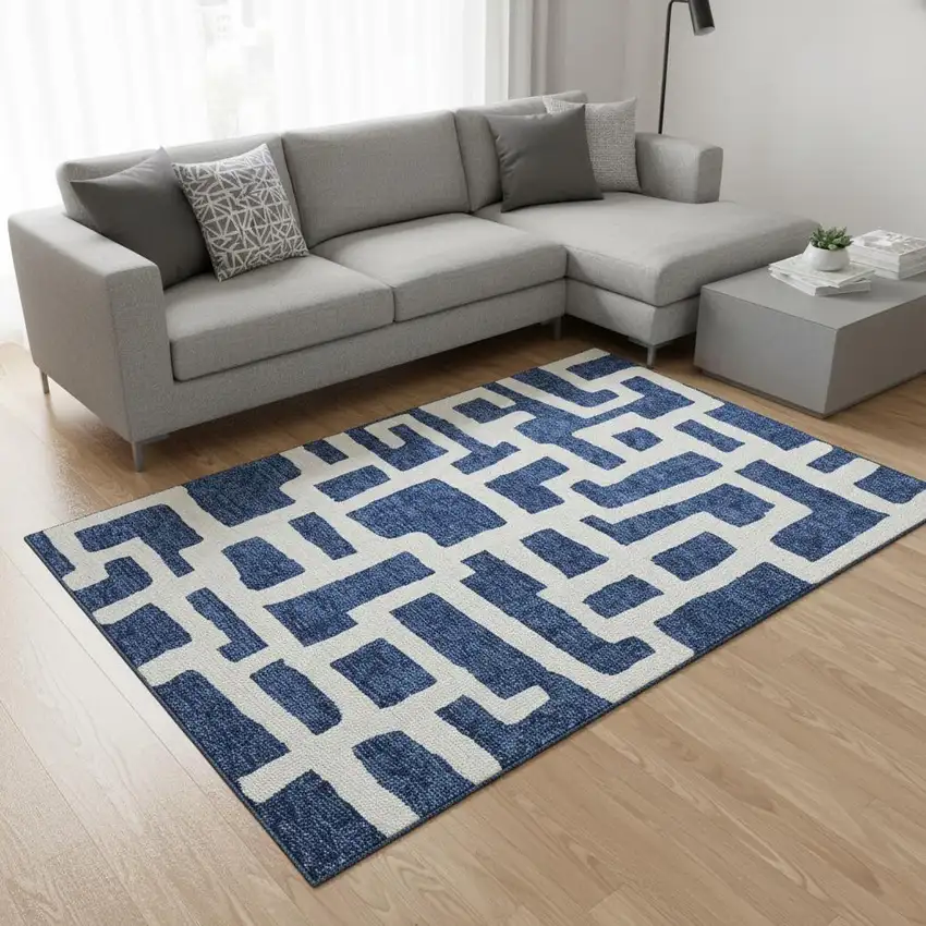Navy Blue And Ivory Abstract Geometric Washable Area Rug With UV Protection Photo 2