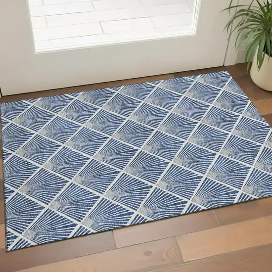 Navy Blue And Ivory Abstract Geometric Washable Area Rug With UV Protection Photo 1