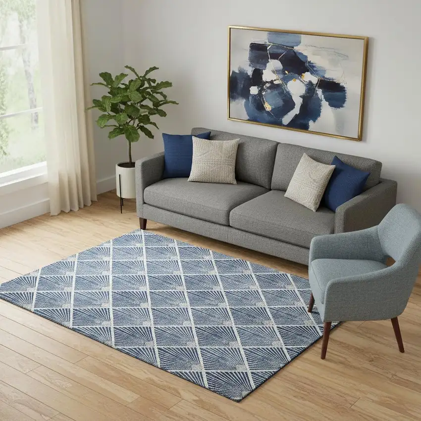 Navy Blue And Ivory Abstract Geometric Washable Area Rug With UV Protection Photo 1