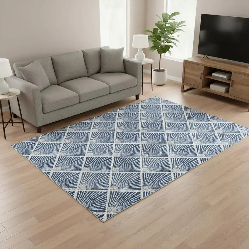 Navy Blue And Ivory Abstract Geometric Washable Area Rug With UV Protection Photo 2